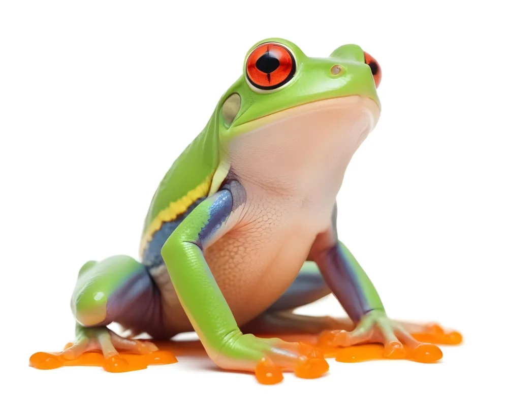 A Green Tree Frog With Large Red Eyes Sitting On An Orange Surface 17 D9db