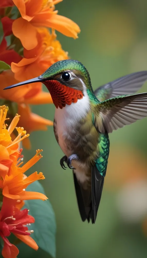 A Hummingbird With Green Red And White Feathers Near Orange Flowers 4 1842