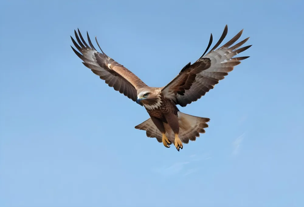 A Large Brown Hawk Or Eagle Soaring In A Clear Blue Sky With Its Wings Outstretched And Talons Visible 1 A833