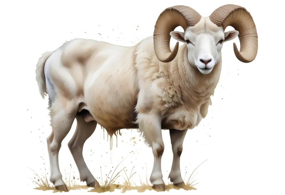 A Large White Ram With Curled Horns Standing In A Field 28 46fe