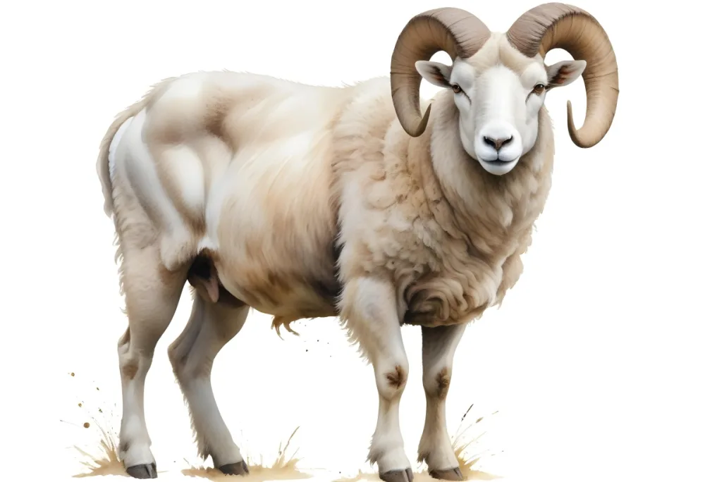 A Large White Ram With Curled Horns Standing In A Field 29 52a6