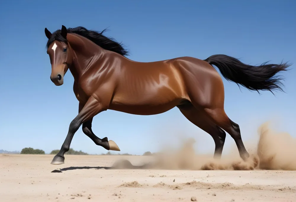A Powerful Brown Horse With A Shiny Coat Is Rearing Up On Its Hind Legs Kicking Up Dust The Horse Has A Flowing Black Mane And Tail With A Strong Muscular Build The Background Features A Clear Blue Sky Enhancing Th 3 Ffa2