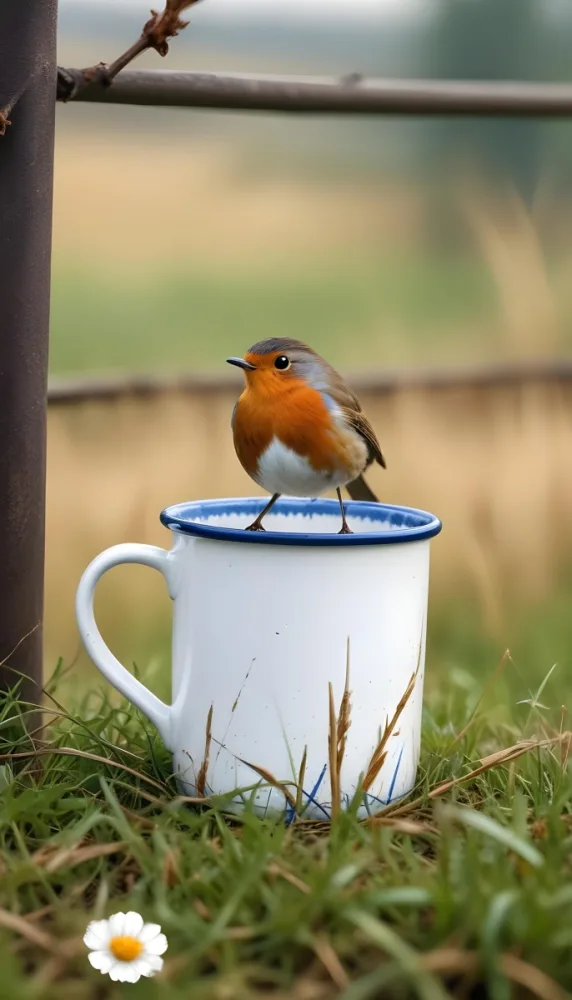 A Robin Bird Perched On A White Enamel Mug With Blue Rim The Mug Is On The Grass Blurred Background Of A Field 21 E68b