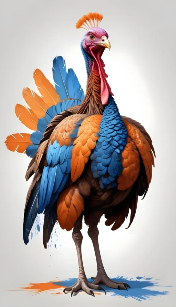 A Turkey With Brown And Orange Feathers Blue Wattle And Orange Head Standing On One Leg Isolated On A White Background 1 997f