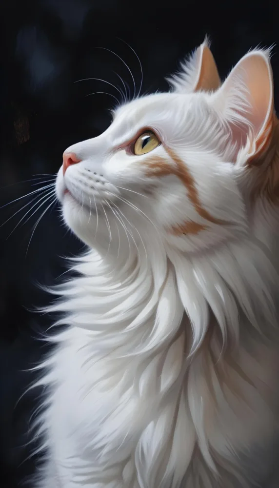A White Cat With Brown Eyes Looking Up Long Brown Whiskers White Spots On The Fur Dark Background Soft Lighting Close Up Shot 25 8cda