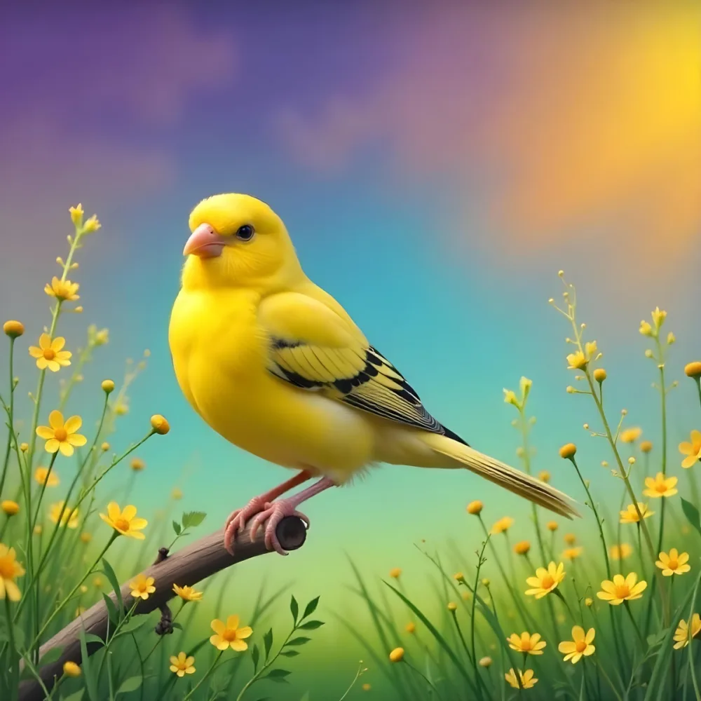 A Yellow Canary With Yellow Wings And Yellow Tail Perched On A Branch Surrounded By Yellow Flowers And Green Grass With A Colorful Sky Background 28 Baba