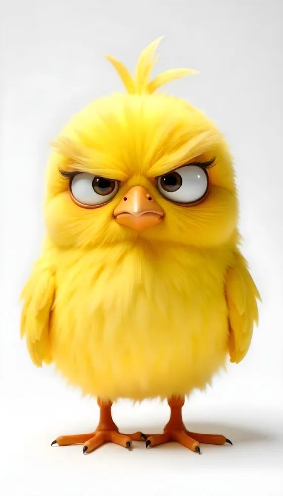 A Yellow Fluffy Bird With Big Eyes And Angry Eyebrows White Beak Looking At The Camera In A White Background 6 64d0