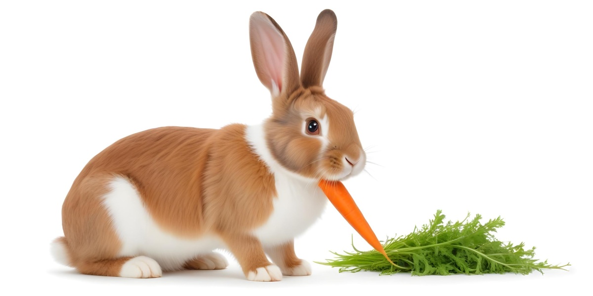 A Young Brown And White Rabbit With Large Ears Eating A Carrot On A Grassy Background 1 71ca