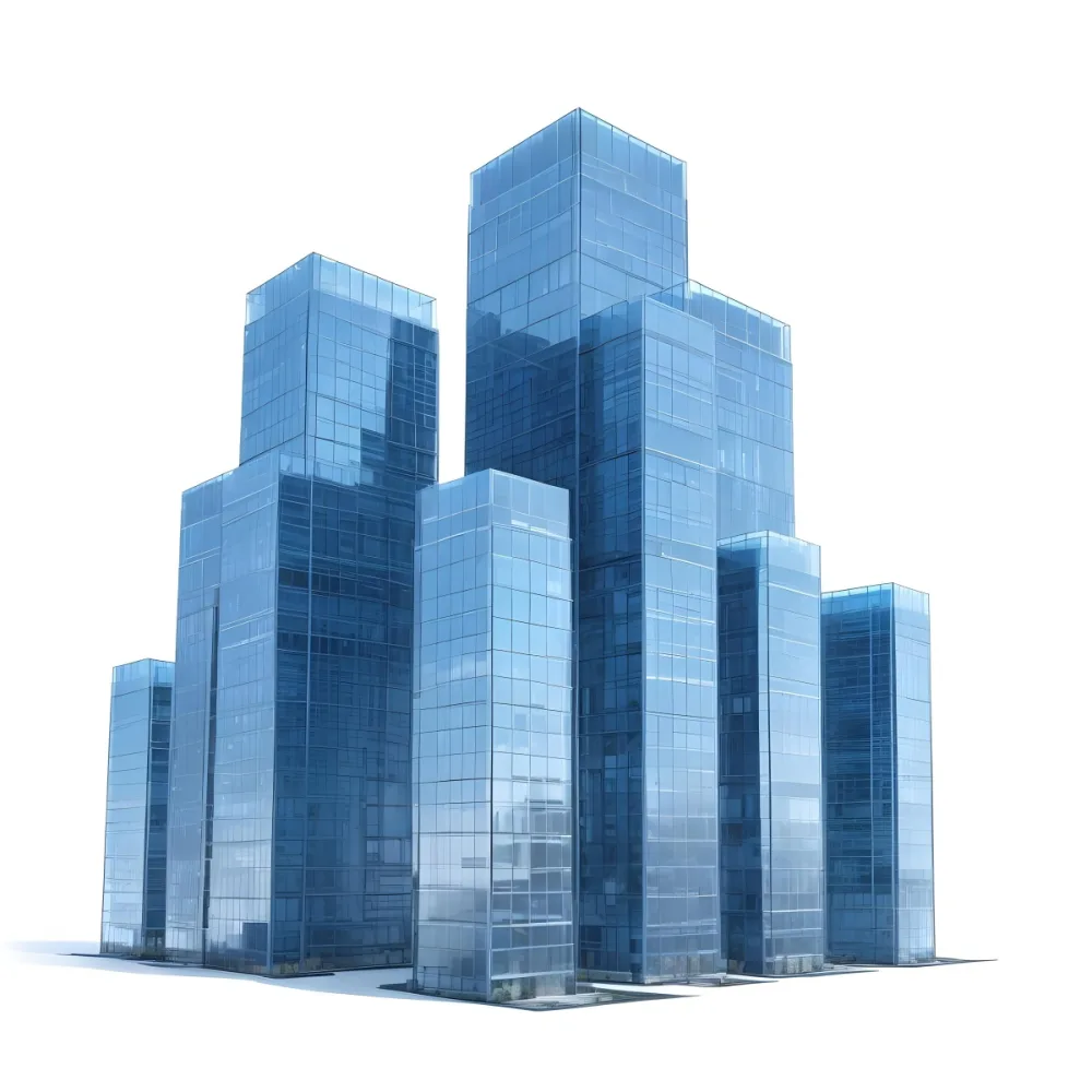 3d Model A Group Of Modern Glass Skyscrapers With Blue Windows Different Heights White Background Minimalist Design Architectural Visualization Clean Lines And Contemporary Style Figure Octane Render Volume 22 F326