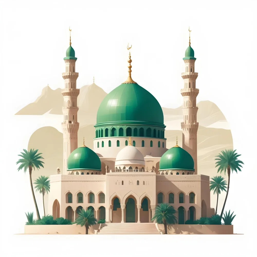3d Model A Large Green Domed Mosque With Two Minarets Surrounded By Palm Trees And A Desert Landscape Figure Octane Render Volumetric Highly Detailed Videogame Aesthetic 34 Ed91
