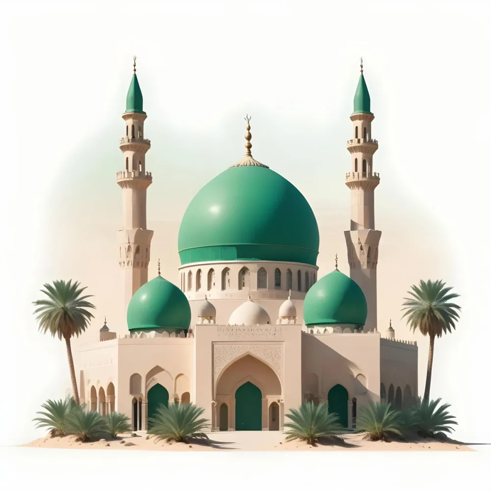 3d Model A Large Green Domed Mosque With Two Minarets Surrounded By Palm Trees And A Desert Landscape Figure Octane Render Volumetric Highly Detailed Videogame Aesthetic 40 243d