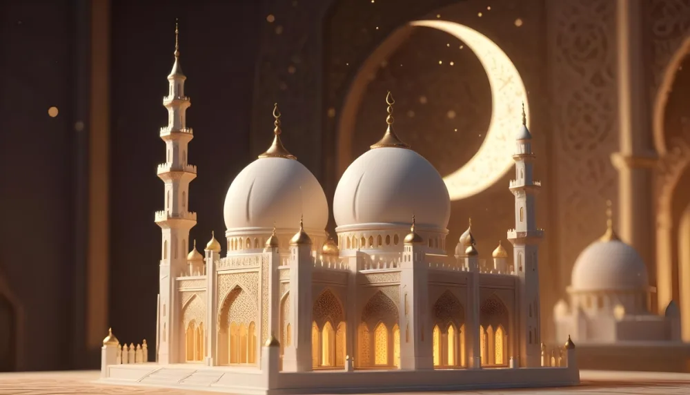 3d Model A White And Gold Mosque With Intricate Details Crescent Moon On Top Warm Lighting Soft Focus Bokeh Effect And A Blurred Background Figure Octane Render Volumetric Highly Detailed Videogame Aesthetic 1 36 4b95