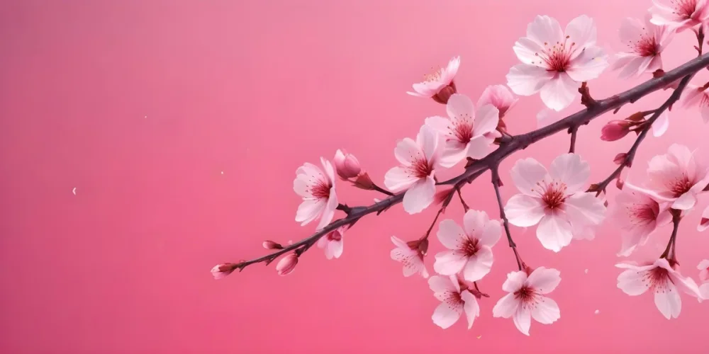 3d Model Cherry Blossom Branch With Pink Flowers And Falling Petals On A Vibrant Pink Gradient Background Soft Lighting Minimalist Composition Japanese Aesthetic Spring Season Figure Octane Render Volumetric High 15 607a