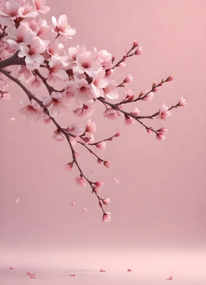 3d Model Cherry Blossom Branch With Pink Flowers And Falling Petals Soft Pink Background Delicate And Romantic Atmosphere Spring Season Floral Design Pastel Colors Elegant Composition Figure Octane Render Volume 39 1ed0