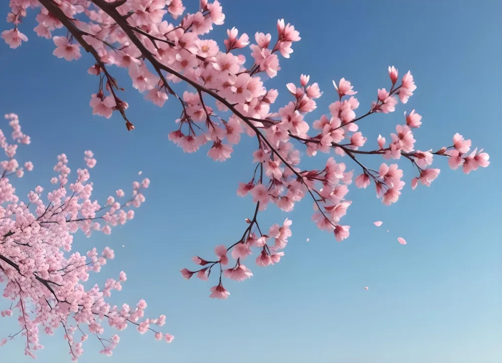 3d Model Cherry Blossom Branches With Pink Flowers And Falling Petals Against A Gradient Blue Sky Background Creating A Soft And Spring Like Atmosphere Figure Octane Render Volumetric Highly Detailed Videogame Aesth 4 22c9