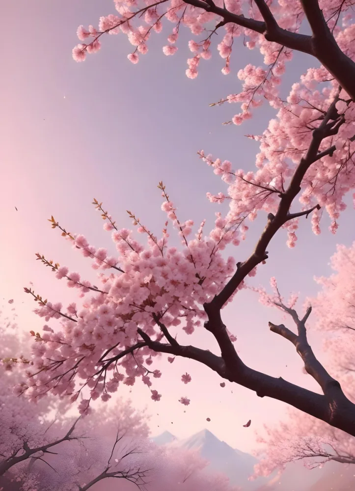 3d Model Cherry Blossom Branches With Pink Flowers And Falling Petals Against A Pink Sky Creating A Soft And Dreamy Atmosphere Spring Season Figure Octane Render Volumetric Highly Detailed Videogame Aesthetic 14 E730