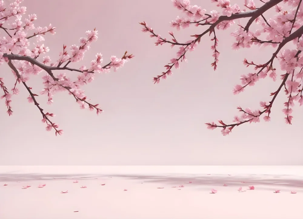 3d Model Cherry Blossom Branches With Pink Flowers And Falling Petals Pink Background Minimalist Style Symmetrical Composition Soft Pastel Colors Springtime Theme Floral Design Elegant Serene Figure Octane Re 24 9b2f
