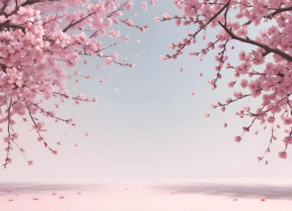 3d Model Cherry Blossom Branches With Pink Flowers And Falling Petals Pink Background Minimalist Style Symmetrical Composition Soft Pastel Colors Springtime Theme Floral Design Elegant Serene Figure Octane Re 6 B12c