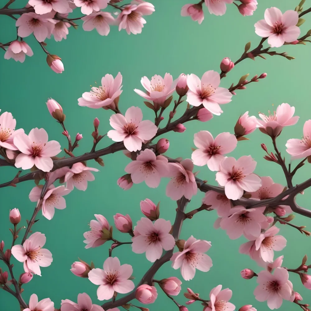 3d Model Cherry Blossom Branches With Pink Flowers And Green Leaves Pink And Green Gradient Background Floral Pattern Japanese Art Style Style Delicate And Elegant Figure Octane Render Volumetric Highly Detailed 17 94ee