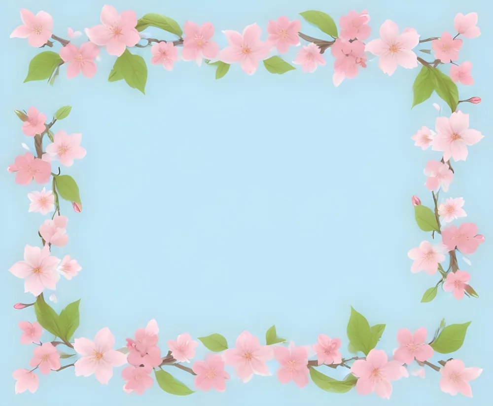 3d Model Cherry Blossom Frame With Pink Flowers And Blue Leaves On Blue Branches Green Background Cute Light Colors Simple Decorative Figure Octane Render Volumetric Highly Detailed Videogame Aesthetic 43 49f8