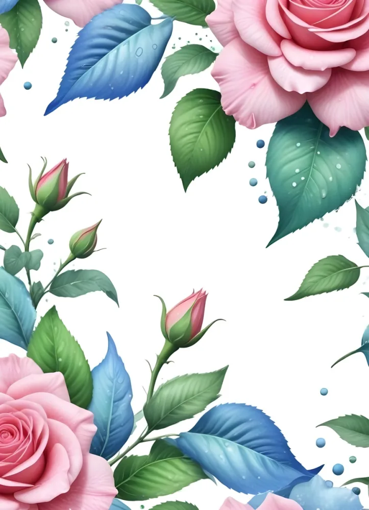 3d Model Pink Rose And Lily With Green Leaves And Blue Petals On A White Background With White Dots And Watercolor Effect Figure Octane Render Volumetric Highly Detailed Videogame Aesthetic 13 Cce6