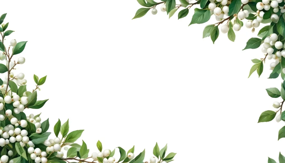 3d Model Snowberry Branches With Green Leaves And White Berries In The Upper Right And Lower Left Corners White Background Figure Octane Render Volumetric Highly Detailed Videogame Aesthetic 40 9299