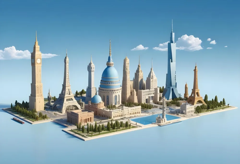 3d Model Taj Mahal Burj Al Arab Big Ben Eiffel Tower Statue Of Liberty Leaning Tower Of Pisa And Brandenburg Gate In A Blue Sky Figure Octane Render Volumetric Highly Detailed Videogame Aesthetic 41 52a6