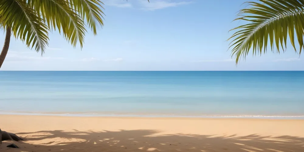 A Beach With Yellow Sand And A Palm Tree On The Left Side With A Blue Sky And Sea In The Background 23 E2ae