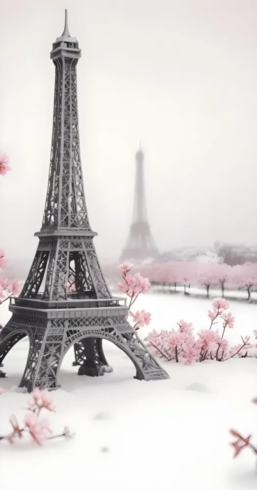 A Black And White Eiffel Tower In The Background With A Snowy Background And Blurred Pink Flowers In The Background 7 6f82