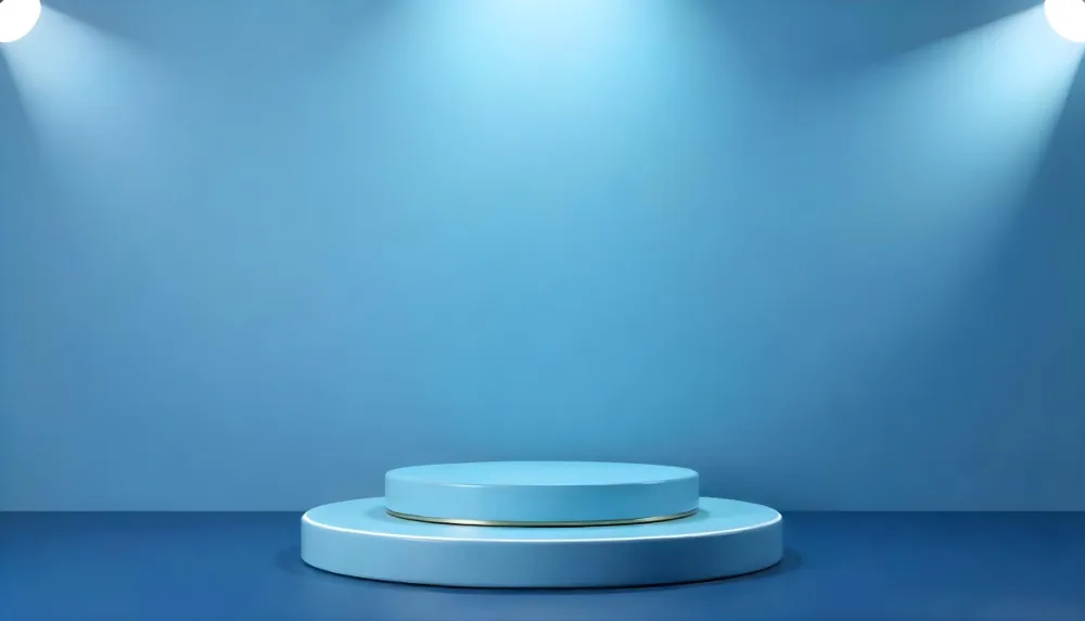 A Blue Cylindrical Podium With A Metallic Rim Illuminated By Two Spotlights Against A Gradient Blue Background 11 E54e