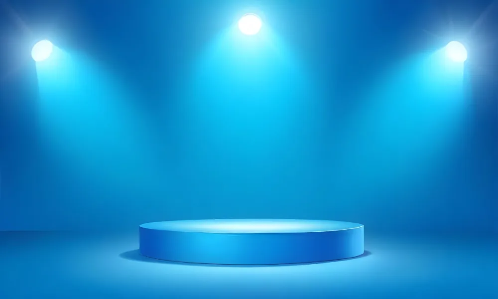 A Blue Podium In A Blue Room With Three Spotlights The Background Is A Gradient Of Blue The Podium Is In The Center Of The Room 6 4e63