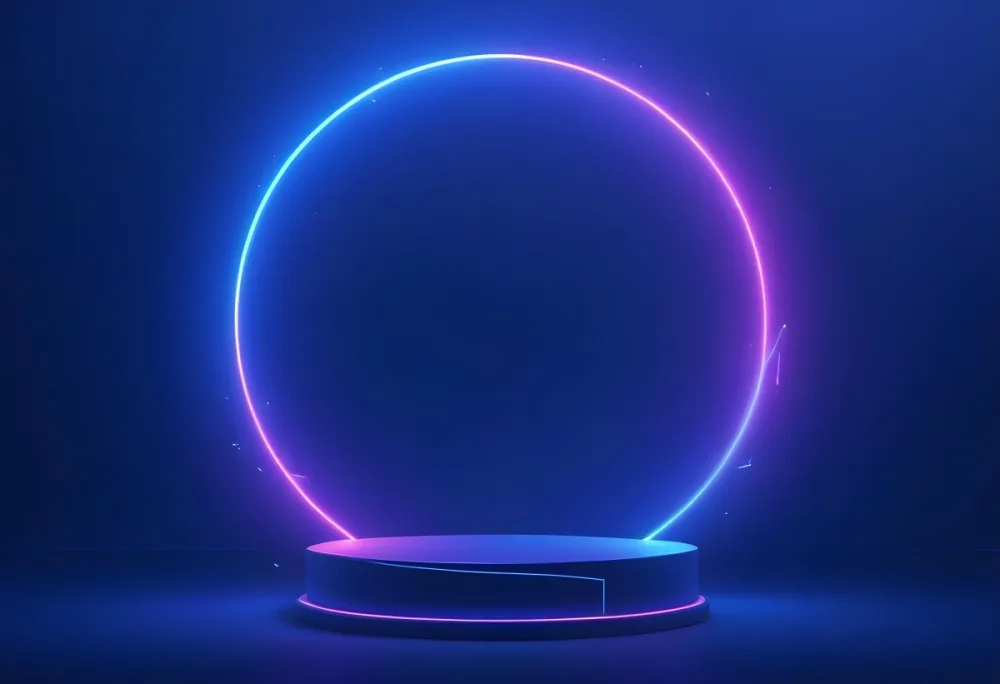 A Blue Podium With Neon Lights And A Circle In The Background The Background Is A Dark Blue Color 27 E6a8