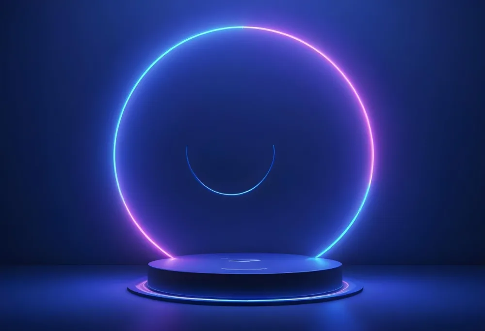 A Blue Podium With Neon Lights And A Circle In The Background The Background Is A Dark Blue Color 35 83b3
