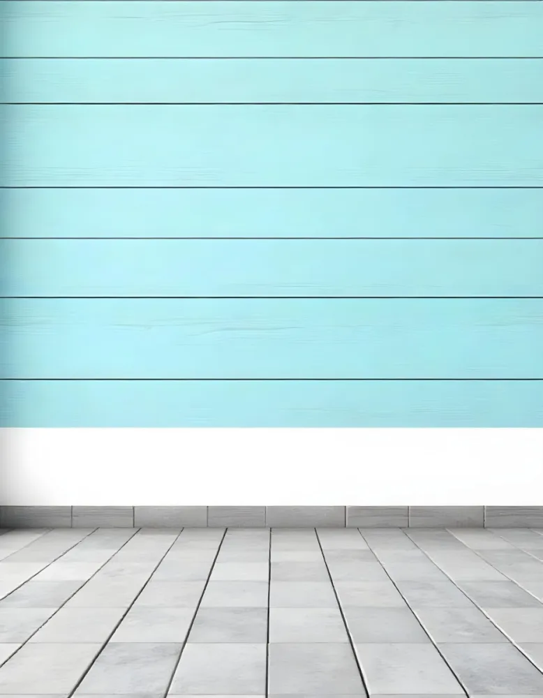 A Blue Wooden Wall With A White Stripe And A Gray Tiled Floor In A Studio 18 Db83