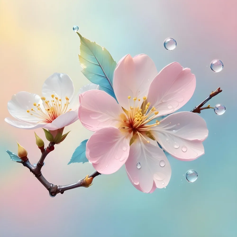 A Branch With Two Yellow Cherry Blossoms Yellow Leaves And Water Droplets Pastel Background With Soft Gradients Of Blue Pink And Blue Creating A Dreamy And Delicate Floral Composition 14 8792