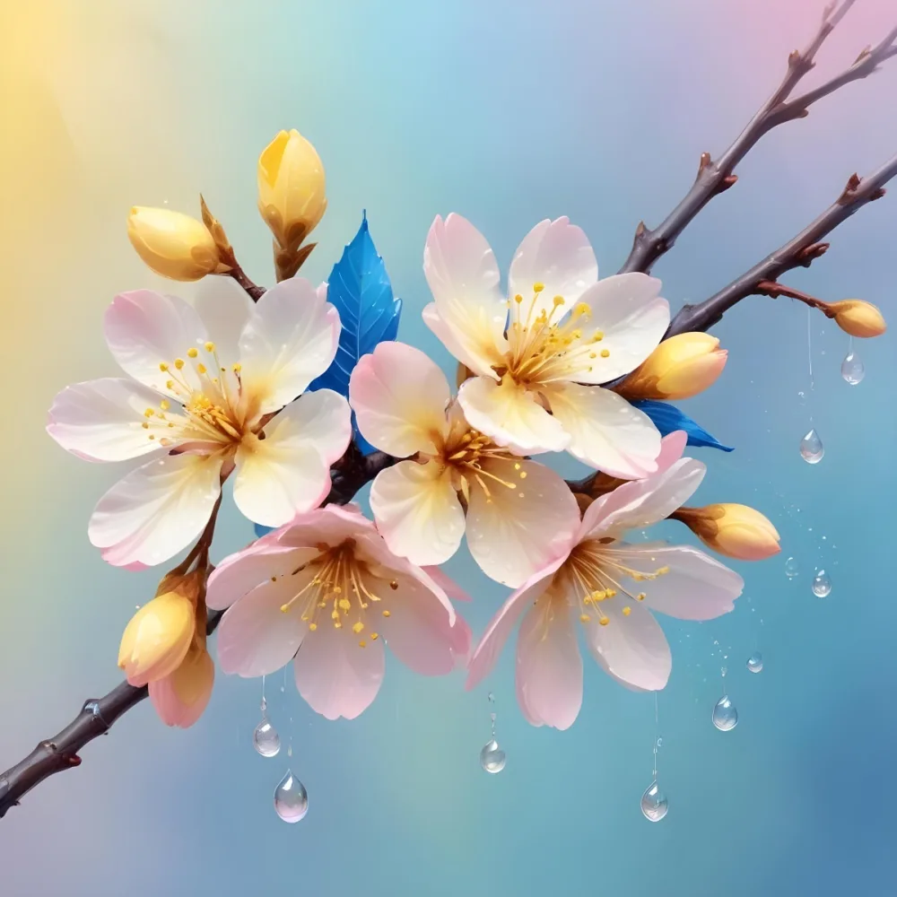 A Branch With Two Yellow Cherry Blossoms Yellow Leaves And Water Droplets Pastel Background With Soft Gradients Of Blue Pink And Blue Creating A Dreamy And Delicate Floral Composition 27 2f3b