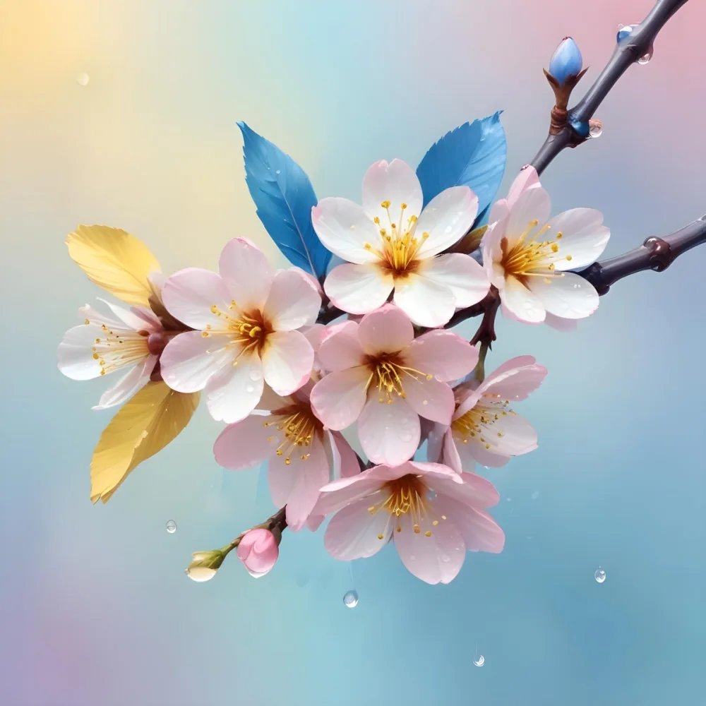A Branch With Two Yellow Cherry Blossoms Yellow Leaves And Water Droplets Pastel Background With Soft Gradients Of Blue Pink And Blue Creating A Dreamy And Delicate Floral Composition 41 F150