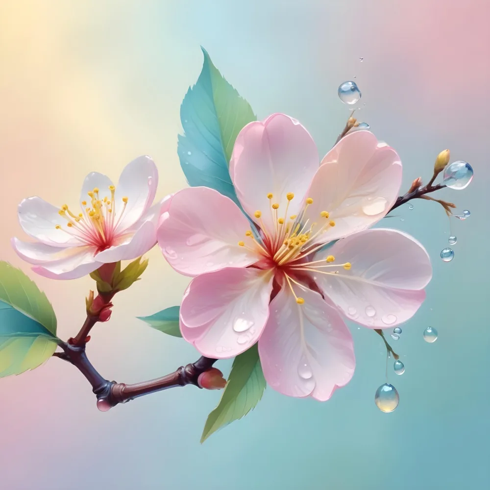 A Branch With Two Yellow Cherry Blossoms Yellow Leaves And Water Droplets Pastel Background With Soft Gradients Of Blue Pink And Blue Creating A Dreamy And Delicate Floral Composition 42 3b05