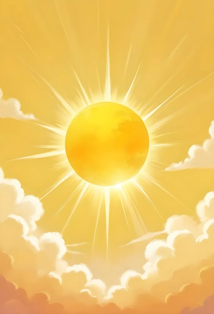 A Bright Yellow Sun With Light Rays Emanating From It Surrounded By Soft Fluffy Clouds In A Warm Sunny Sky 10 26b8