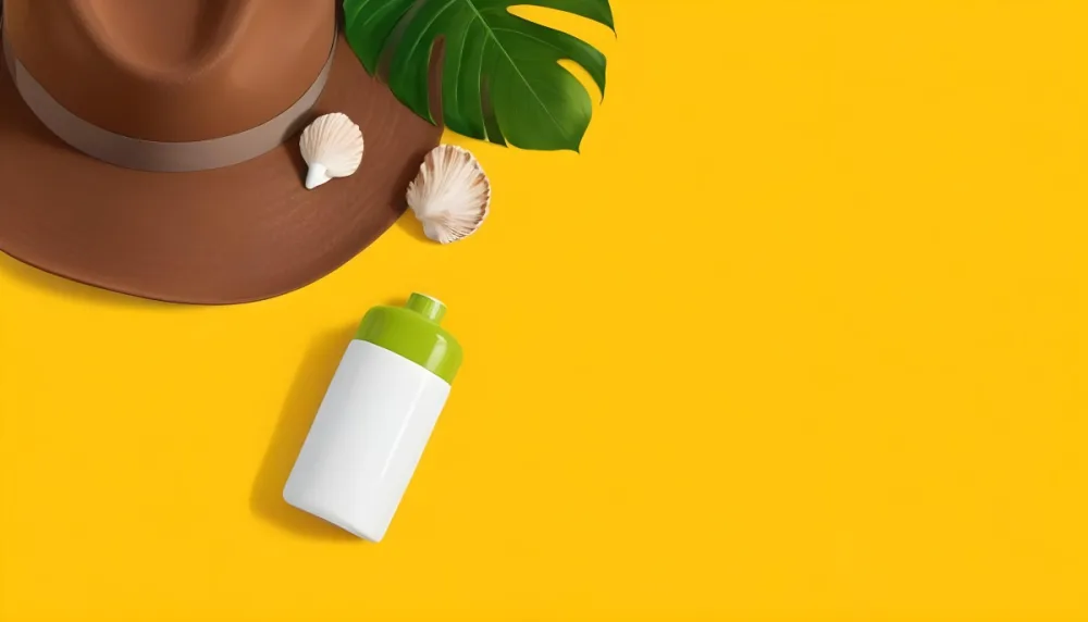 A Brown Hat With Seashells A Green Monstera Leaf And A White Bottle With White Cap On A White Background 23 6ec9