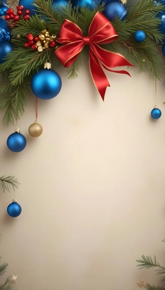 A Christmas Background With Pine Branches Red Ribbon And Blue And Gold Ornaments On A Light Beige Background 3