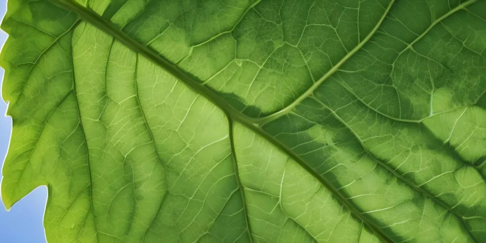 A Close Up Of A Green Leaf Showing The Intricate Veins And Textured Surface The Leaf Appears To Be Fresh And Vibrant With A Lush Verdant Color Surrounded By A Bright Blue Sky The Lighting Is Soft And Diffused 15 11a7