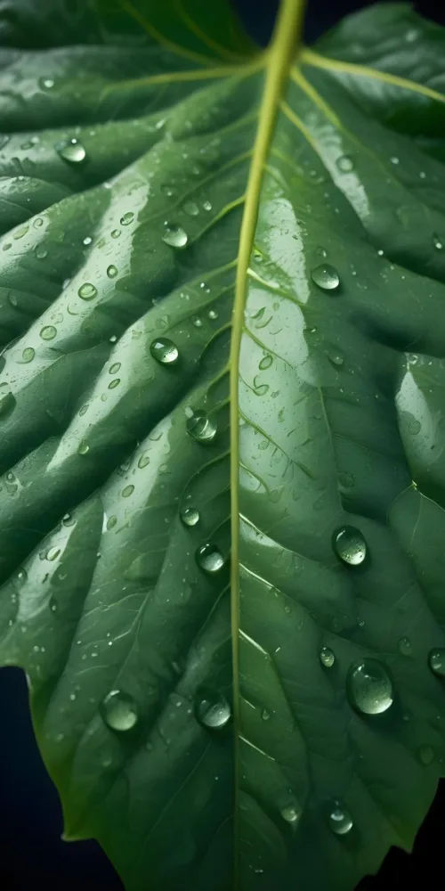 A Close Up Of A Large Green Leaf With Water Droplets On Its Surface Showing The Intricate Veins And Surface Of The Leaf 13 9517