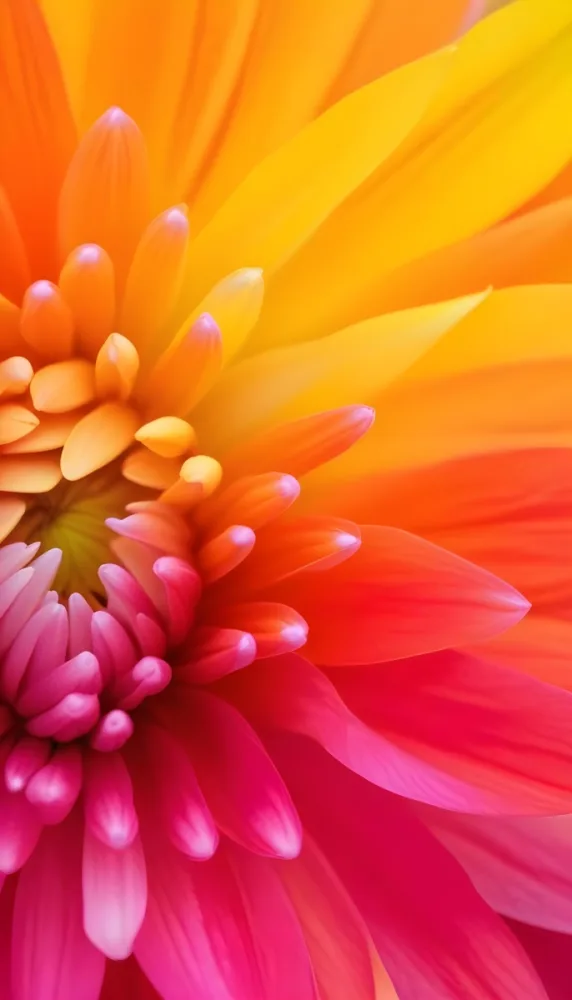 A Close Up Of A Vibrant Flower With Petals Transitioning From Yellow To Orange To Pink The Center Of The Flower Is Light Colored Surrounded By Densely Packed Elongated Petals That Radiate Outward Showcasing A Gradien 13 72ce
