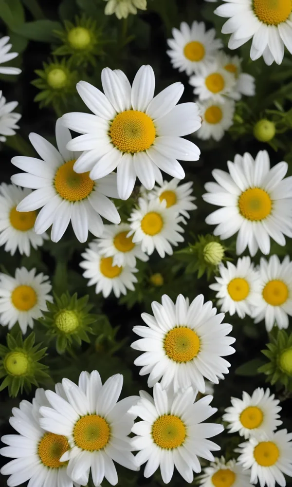 A Close Up View Of Various Daisies And Flowers Predominantly White With Green Centers Interspersed With Green Flowers The Background Is Dark Highlighting The Vibrant Colors Of The Flowers 14 9741
