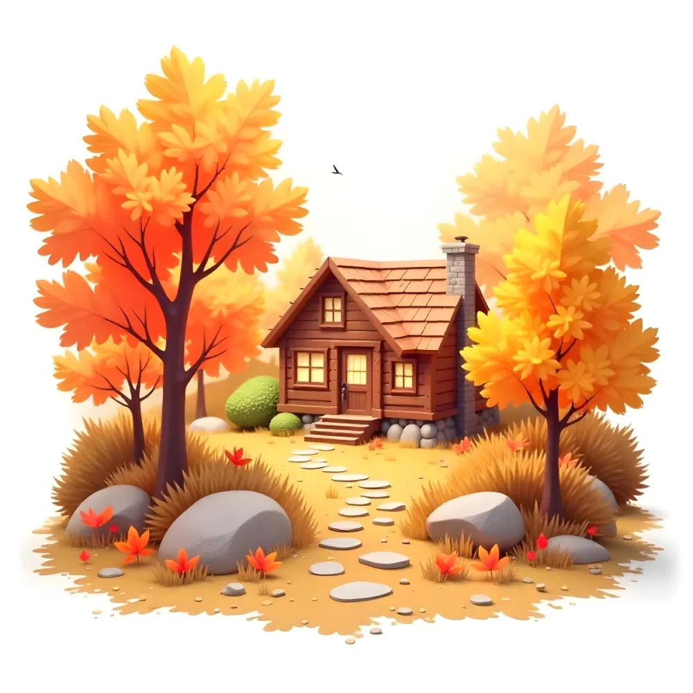 A Cozy Wooden Cabin Surrounded By Vibrant Autumn Trees With Orange And Yellow Leaves A Stone Path Leading To The House Watercolor Style 21 A2ee