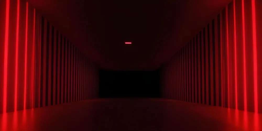 A Dark Corridor With Black Walls And Floor The End Of The Corridor Is Completely Red The Walls Have Vertical Stripes 9 7c21