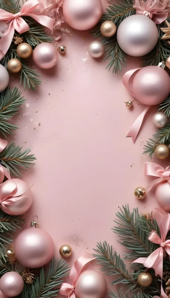 A Festive Christmas Background With Pine Branches Ornaments Ornaments And A Ribbon On A Light Pink Surface With Glitter 28