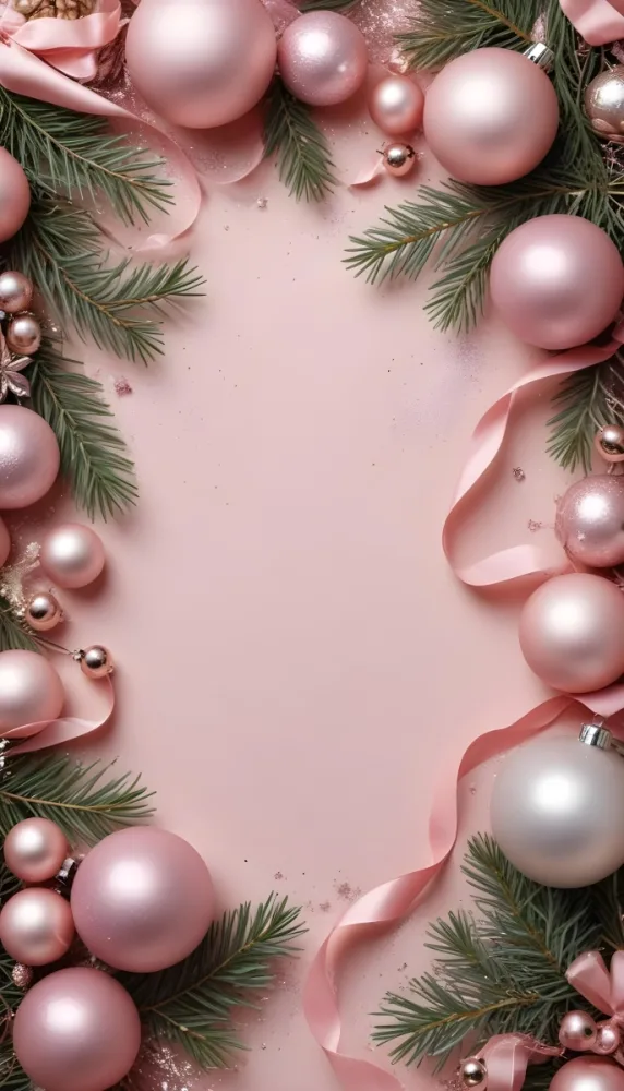 A Festive Christmas Background With Pine Branches Ornaments Ornaments And A Ribbon On A Light Pink Surface With Glitter 33 47dd
