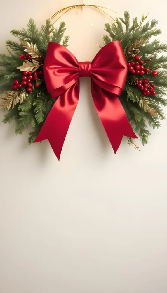 A Festive Christmas Wreath With A Large Gold Bow Pine Branches And Red Berries Against A Light Background With Gold Sparkles 19 6d61
